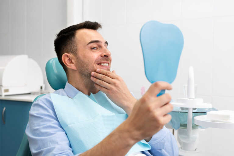 homem sorrindo para o espelho na cadeira do dentista